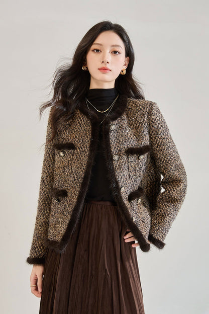 Luxury Tweed Short Puffer Jacket with White Duck Down Filling
