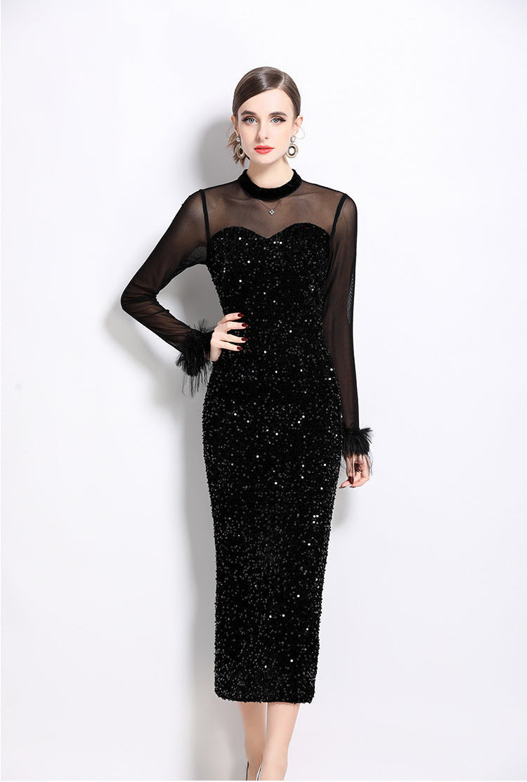 Velvet Sequin Long Evening Gown with Sheer Sleeves