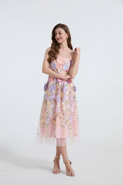 Strapless 3D Floral Embroidered Long Dress