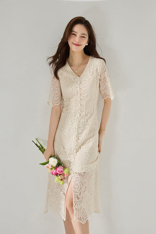 90% Cotton Blend in Soft Ecru Elegant Lace Midi Dress