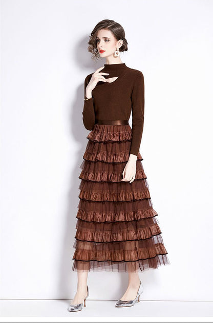 Layered Knit & Tulle Maxi Dress – Faux Two-Piece Design