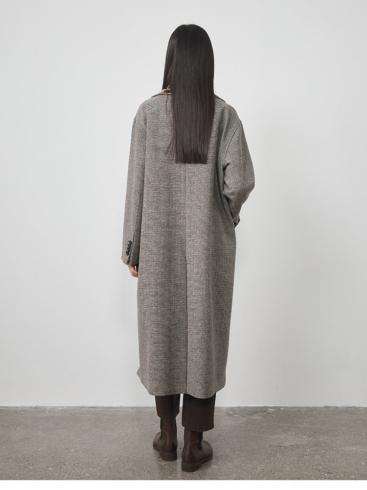 Extra Long Plaid Wool Coat with Silk-Blend Collar