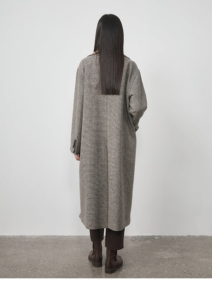 Extra Long Plaid Wool Coat with Silk-Blend Collar