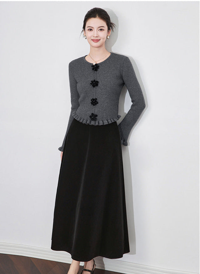 3D Floral Knit Top + Velvet Skirt Set – Elegant French Winter Ensemble