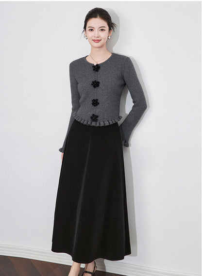 3D Floral Knit Top + Velvet Skirt Set – Elegant French Winter Ensemble
