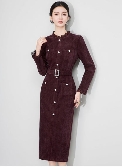 Cherry Plum Embroidered Chenille Midi Dress