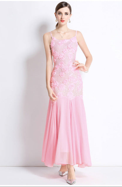 French 3D Floral Strappy High-Waist Mermaid Maxi Dress