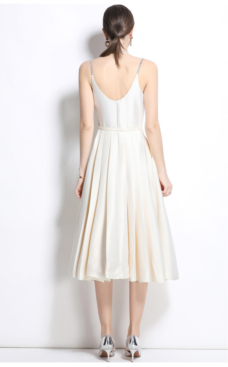 Crystal Strap Pleated Midi Dress