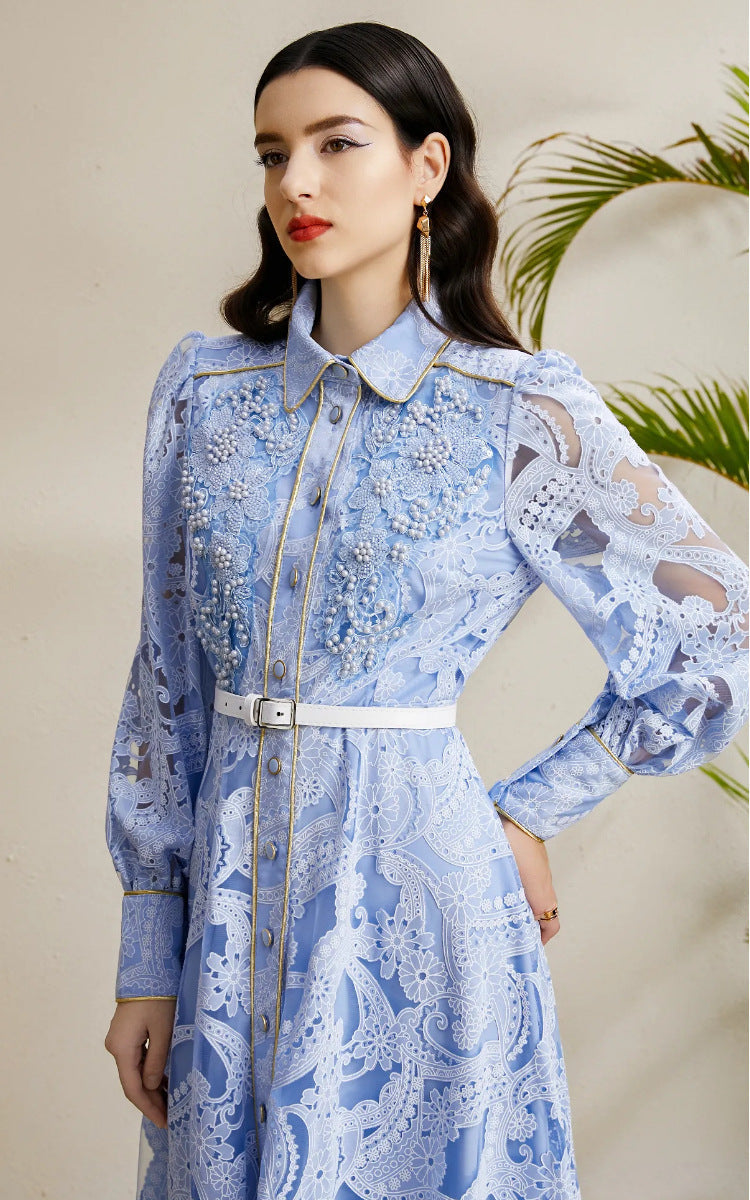 Beaded Lace Maxi Dress with Gold Trim – Elegant Retro Gown