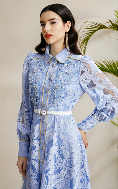 Beaded Lace Maxi Dress with Gold Trim – Elegant Retro Gown