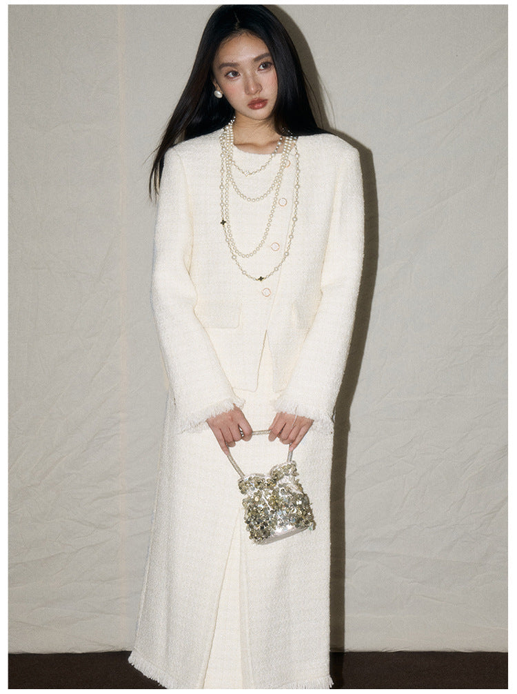 White Wool-Blend French Jacket & Midi Skirt Set