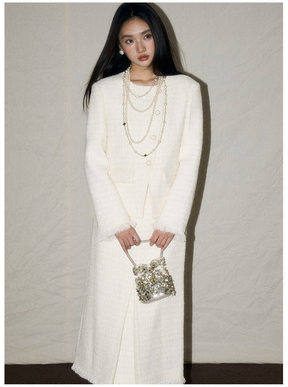 White Wool-Blend French Jacket & Midi Skirt Set