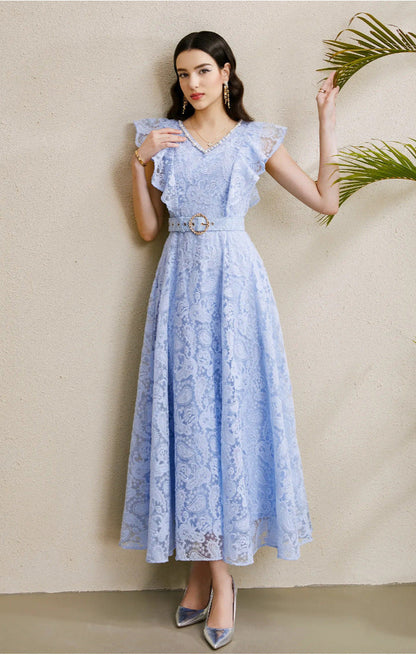 Ruffled Sleeve Beaded Belted Tulle Maxi Dress