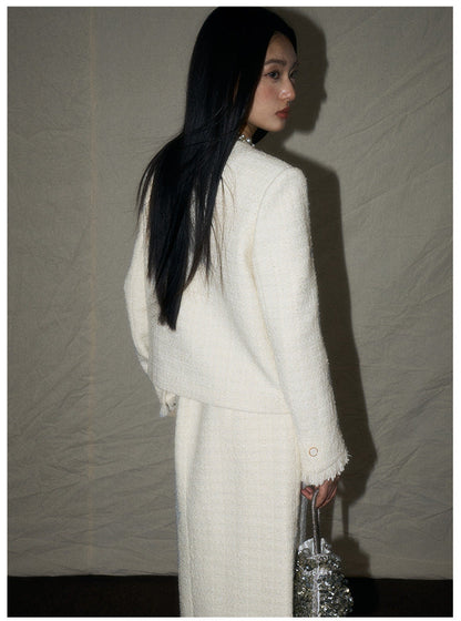 White Wool-Blend French Jacket & Midi Skirt Set