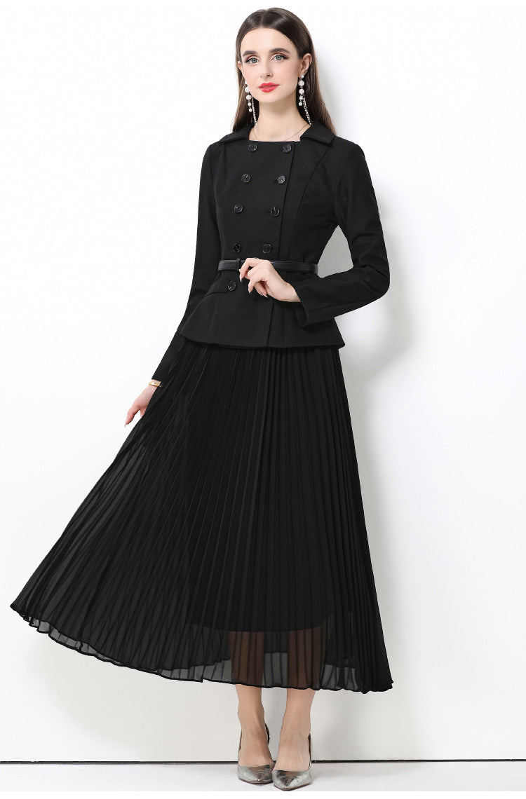 Retro Pleated Detail Long Black Dress