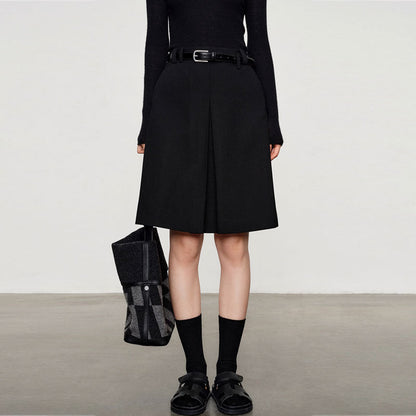 Wool Serge Twill Midi Skirt – High Waist A-Line Office Style