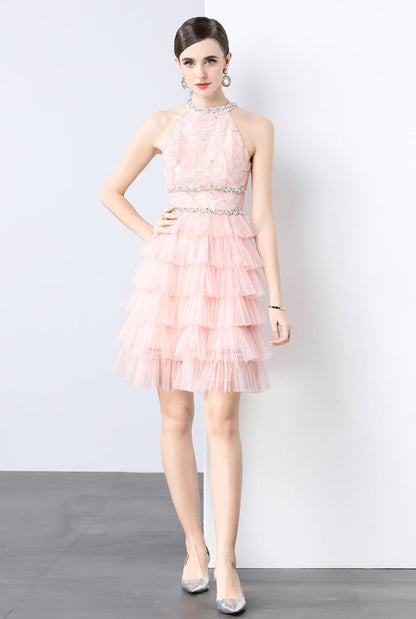 Crystal Chain Halter Neck Layered Tulle Dress