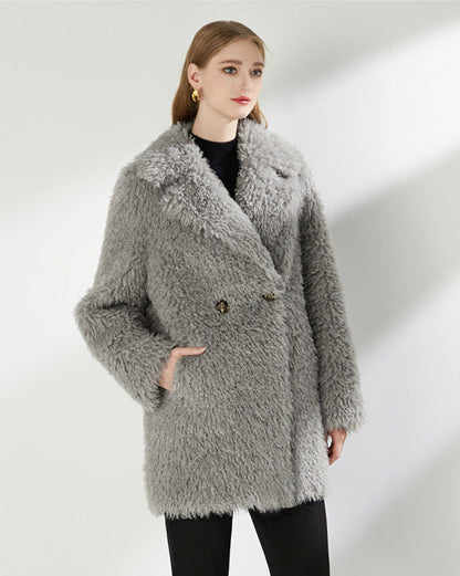 Large Collar Faux Fur Coat with Pockets