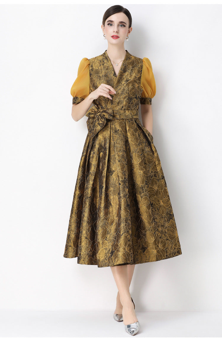 Jacquard Puff Sleeve V-Neck Maxi Dress