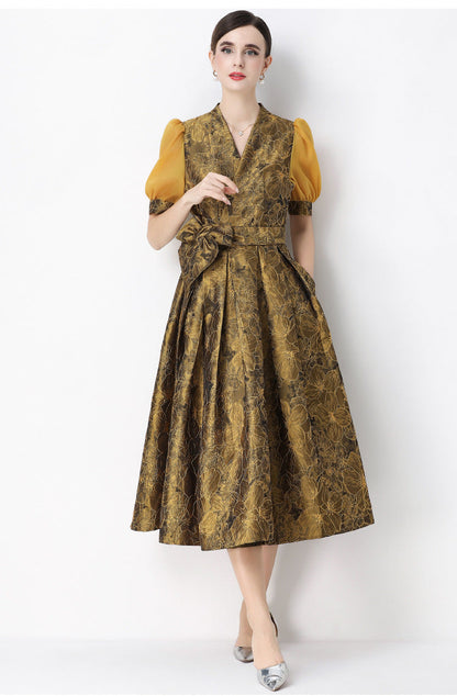 Jacquard Puff Sleeve V-Neck Maxi Dress