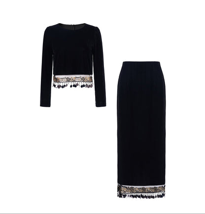 Velvet Fringe Detail Two-Piece Skirt & Top Set
