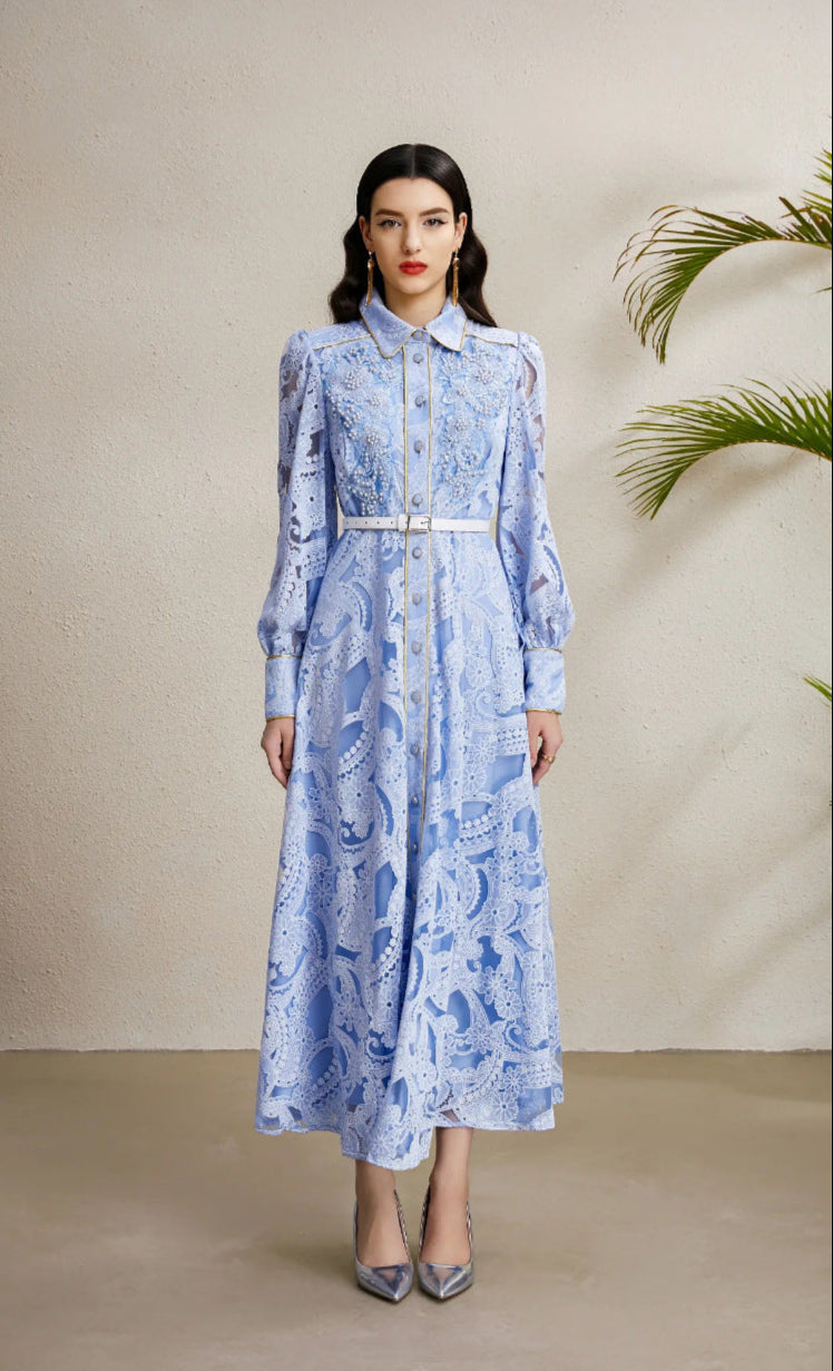 Beaded Lace Maxi Dress with Gold Trim – Elegant Retro Gown