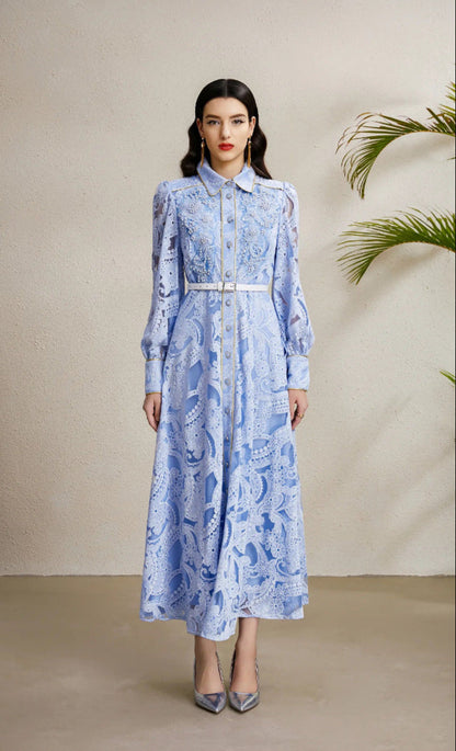 Beaded Lace Maxi Dress with Gold Trim – Elegant Retro Gown