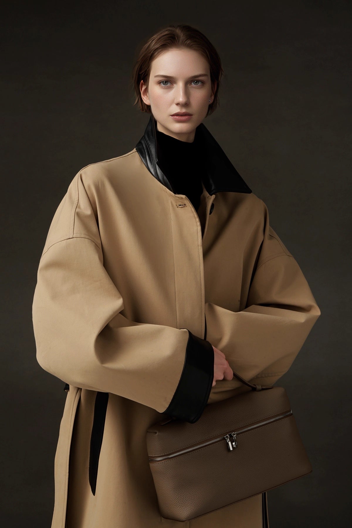 Leather-Trimmed Polo Collar Oversized Long Trench Coat