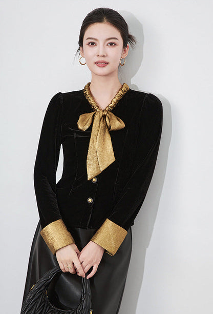 Velvet Contrast French Bow-Tie Slimming Blouse