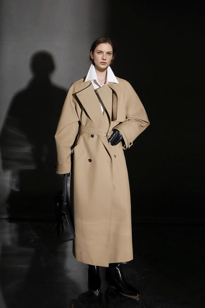 Minimalist Round Neck Wool Blend Trench Coat – Relaxed Fit