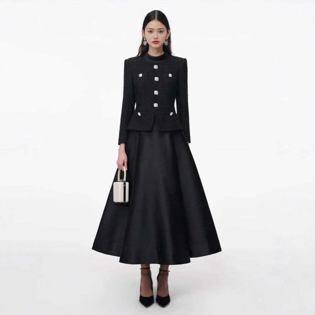 French Retro Patchwork Black Long Dress