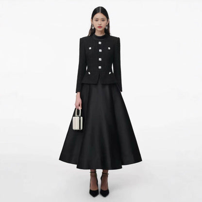French Retro Patchwork Black Long Dress