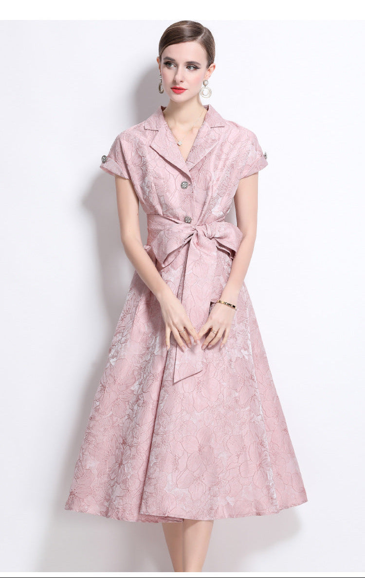 Jacquard A-Line Evening Gown with Full Flowing Skirt