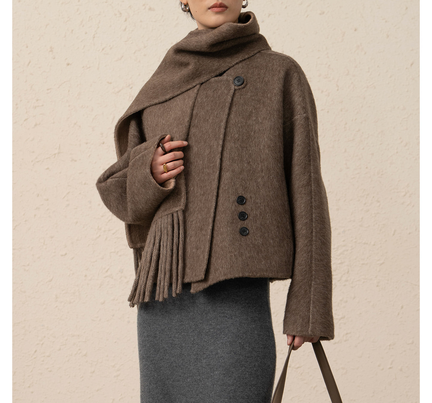 Alpaca Wool Short Double-Sided Coat with Scarf Detail