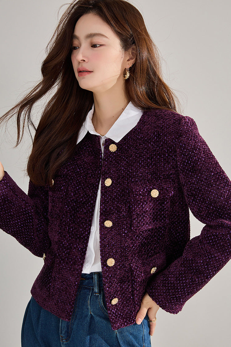 Purple Tweed French-Style Cropped Jacket