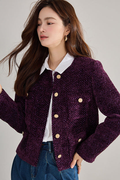 Purple Tweed French-Style Cropped Jacket