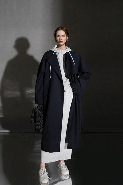 Minimalist Round Neck Wool Blend Trench Coat – Relaxed Fit