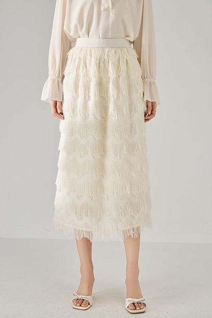 Tassel Layered Ecru Midi Skirt