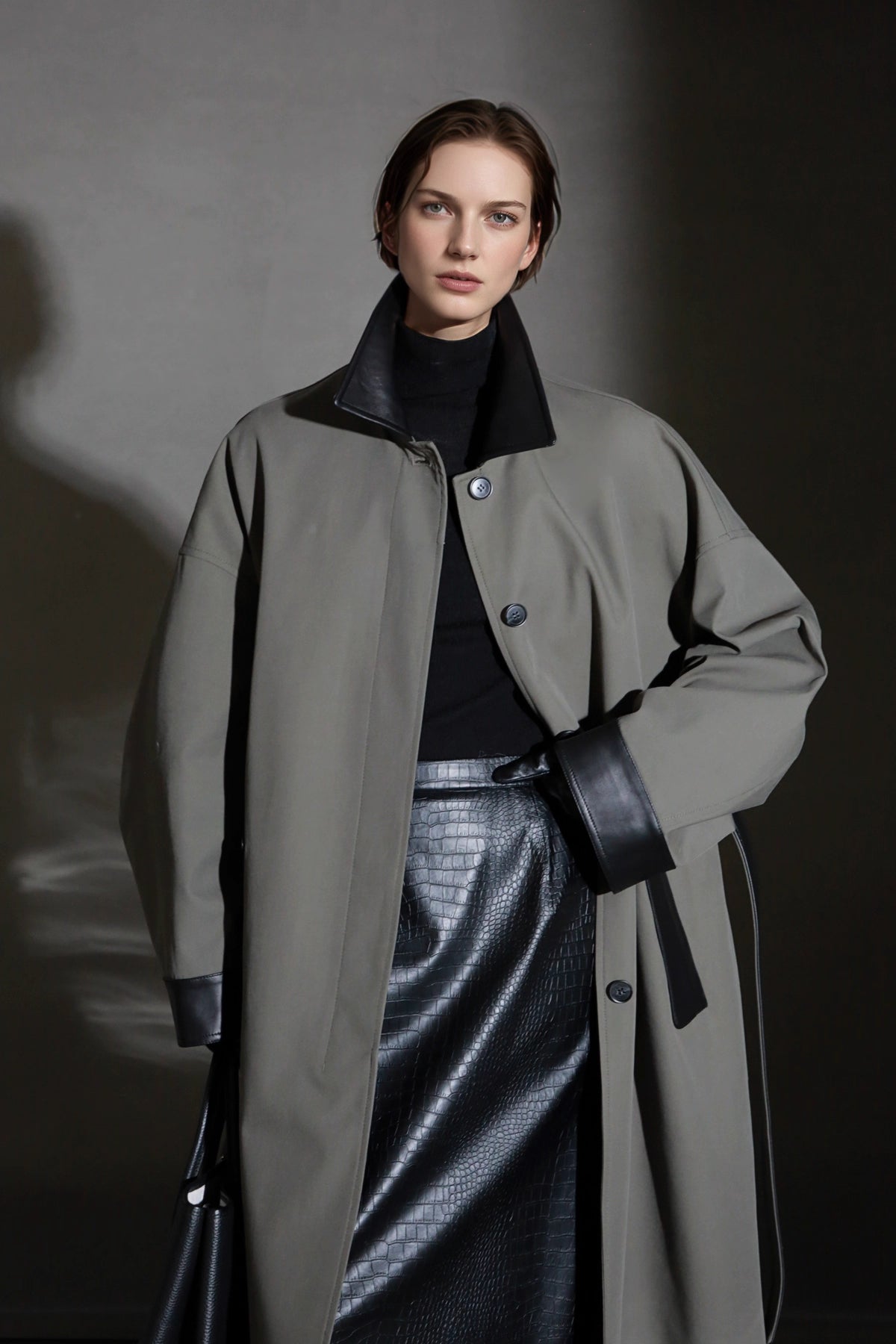 Leather-Trimmed Polo Collar Oversized Long Trench Coat