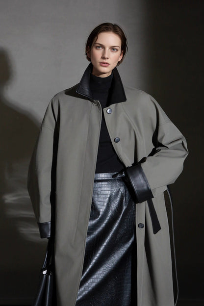 Leather-Trimmed Polo Collar Oversized Long Trench Coat