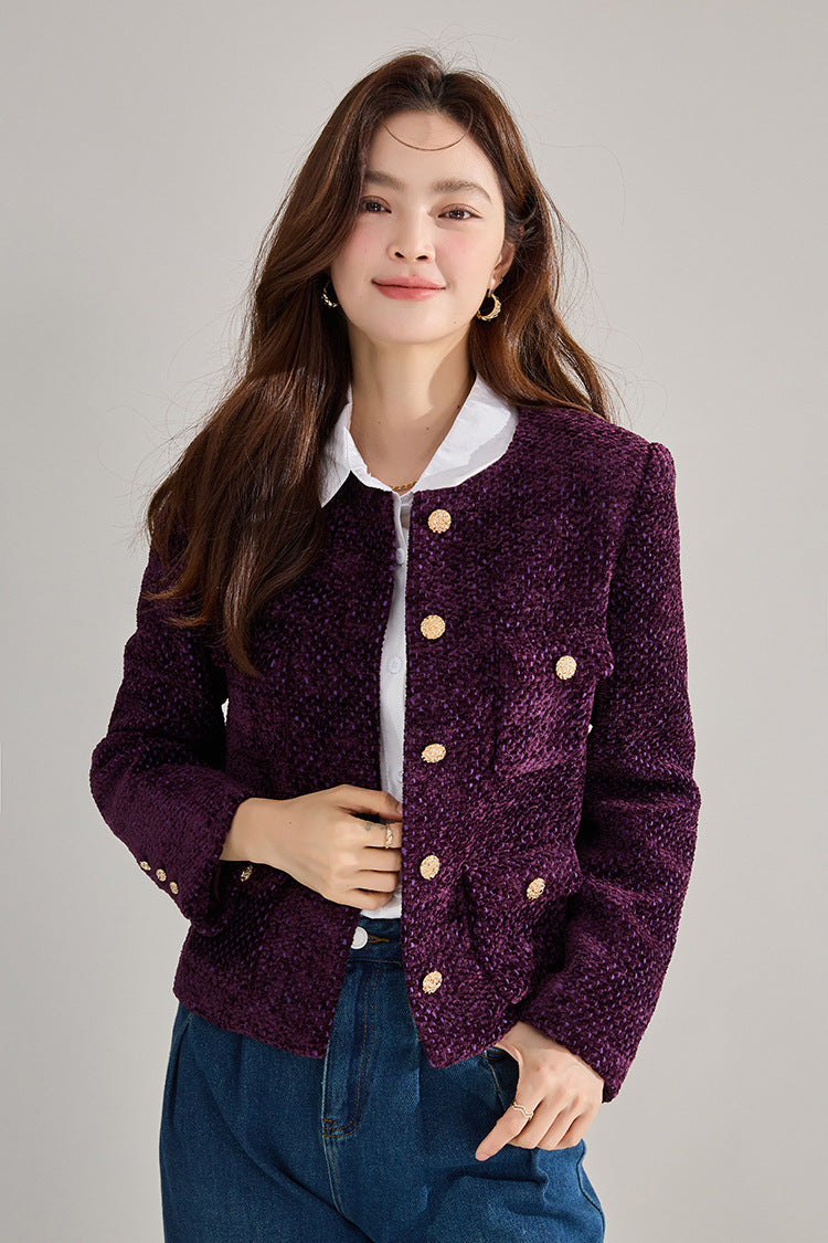 Purple Tweed French-Style Cropped Jacket