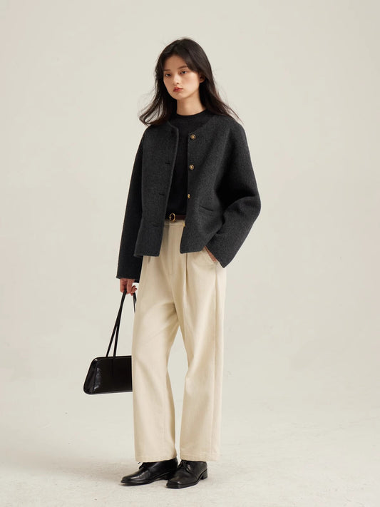 High-Quality Wool Short Coat – Elegant Round Neck Jacket