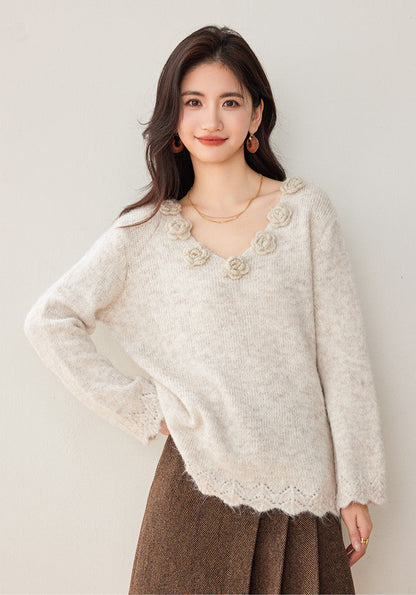 3D Floral Knit V-Neck Sweater