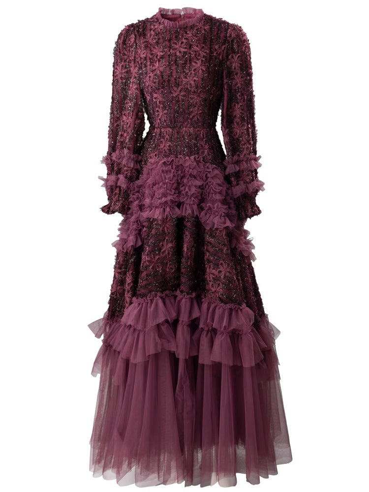 Plum 3D Floral Detail Tulle Evening Dress