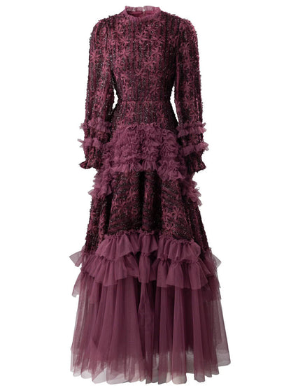 Plum 3D Floral Detail Tulle Evening Dress