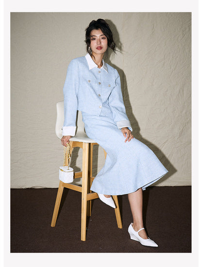 Elegant Contrast-Trim Mermaid Skirt Blazer Set