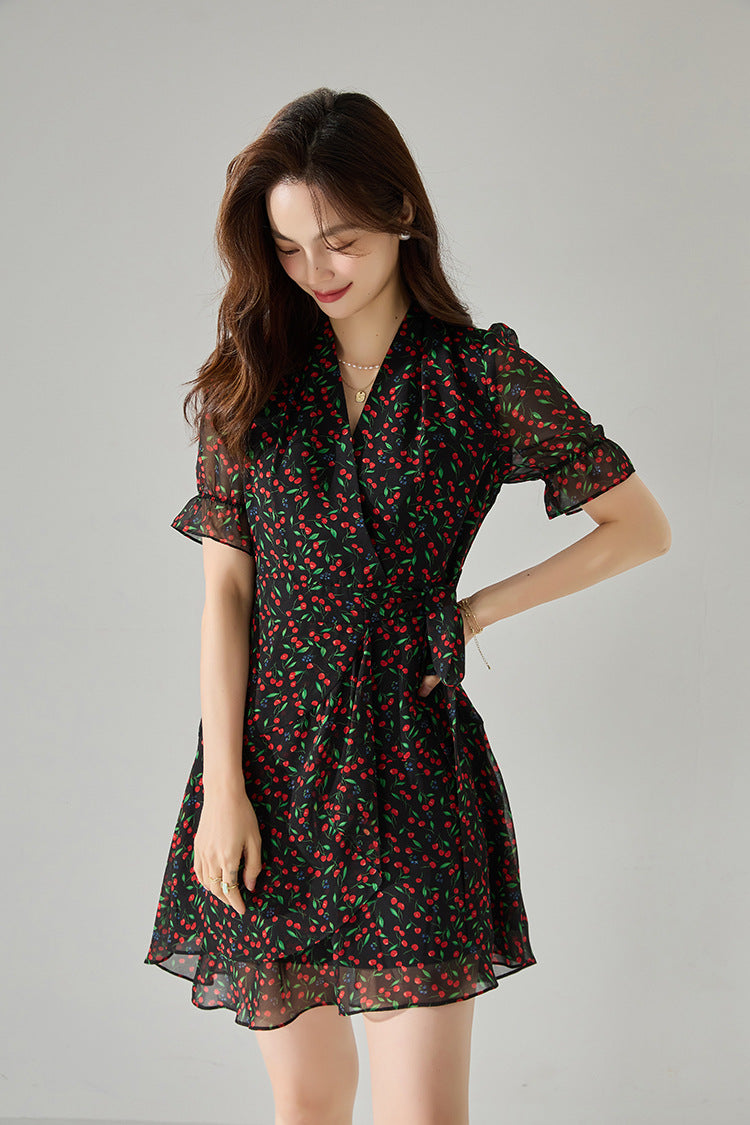 Fruit Print V-Neck Midi Dress