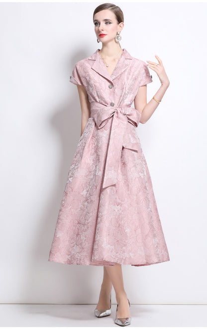 Jacquard A-Line Evening Gown with Full Flowing Skirt