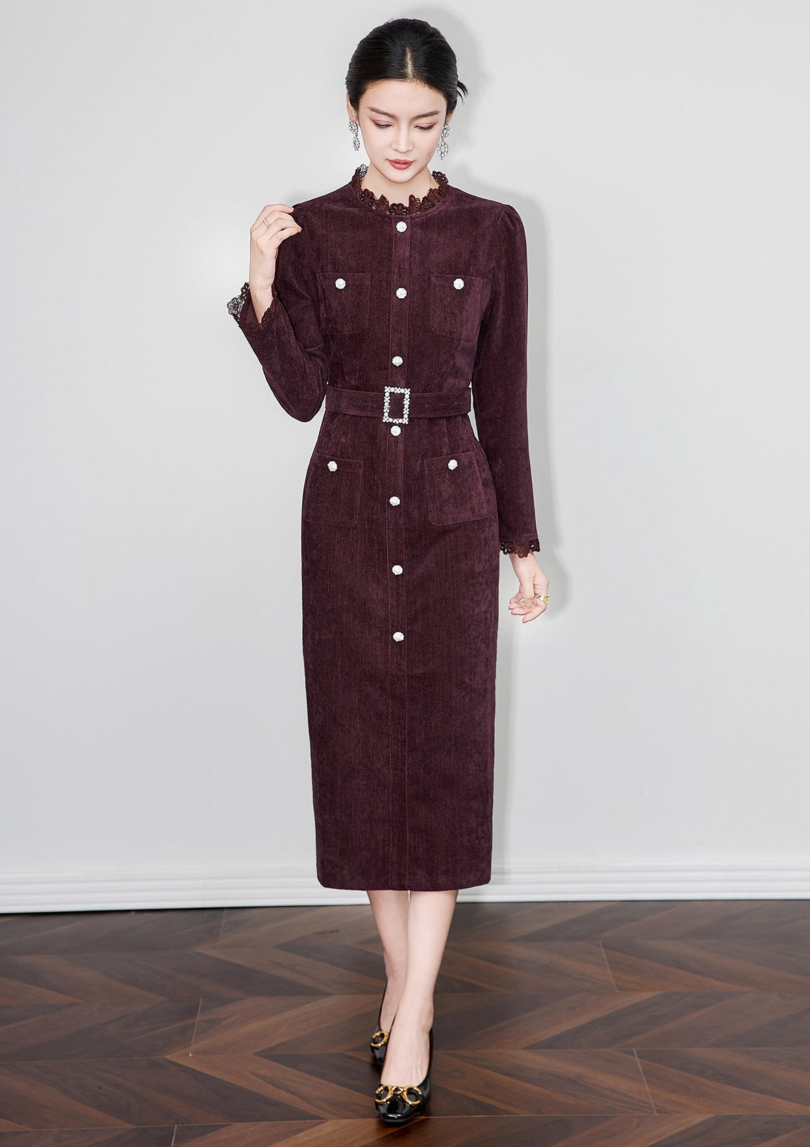 Cherry Plum Embroidered Chenille Midi Dress