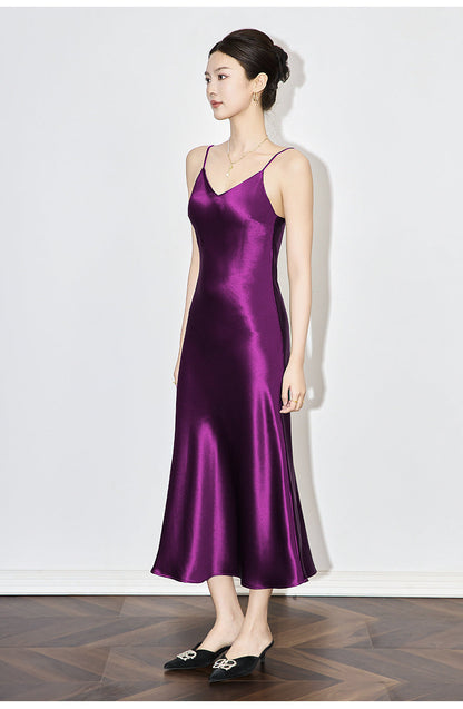 Satin-Texture Acetate Slip Dress with Spaghetti Straps